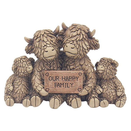 Hughie the Highland Cow and family holding sign reading Our Happy Family