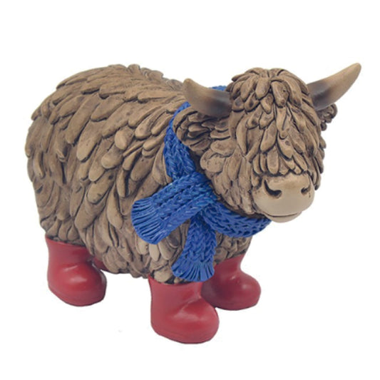 Hughie the Highland Cow, Standing in Red Wellies and Blue Scarf