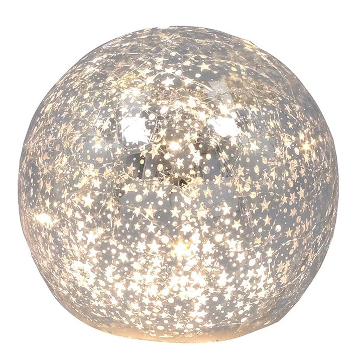 Christmas Crackle Glazed Round Glass LED Lit Ball With Silver Stars Design