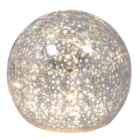Christmas Crackle Glazed Round Glass LED Lit Ball With Silver Stars Design