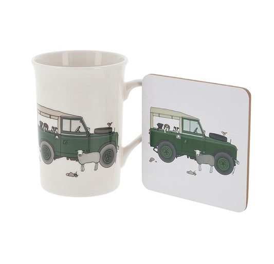 Green Landrover mug and coaster set