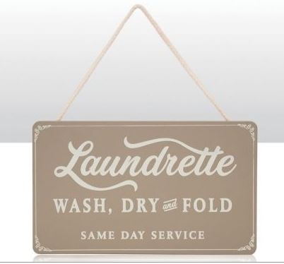 Hanging wooden sign.  Launderette- wash dry and fold, same day service