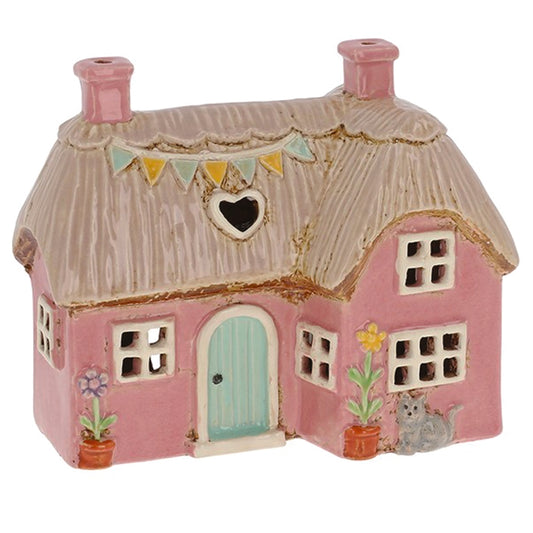 Village Pottery L Shaped Pink Cottage and Cat Tealight Holder