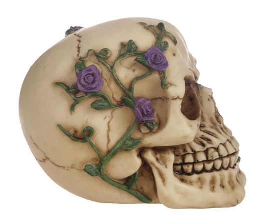 Med skull with purple roses around head