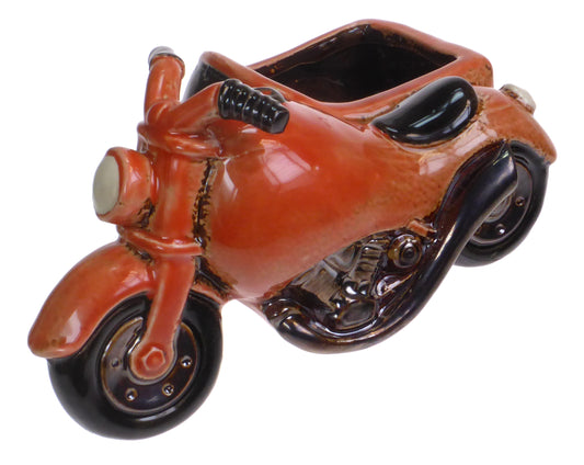 Pottery motorbike and sidecar planter