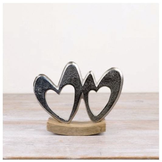 Deco Style Double Silver Hearts Mounted on Wood Ornament