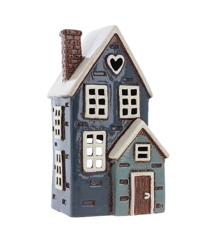 Village Pottery Tall navy house with porch Tealight holder