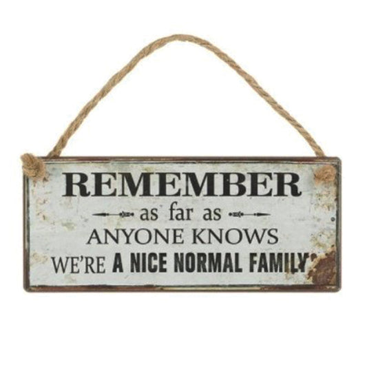 Rustic Metal hanging sign - Remember, as far as everyone knows, we are a nice, normal family