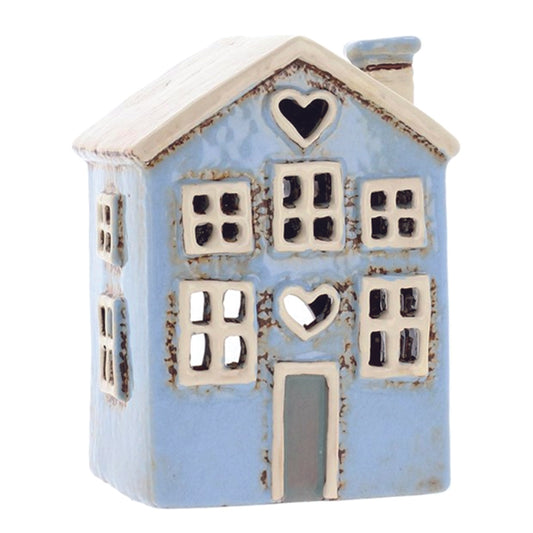 Village Pottery Pale Blue Heart House Tealight Holder
