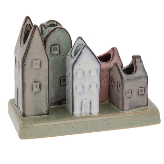 Petite Pottery 5 mini house shaped stem vases on a base