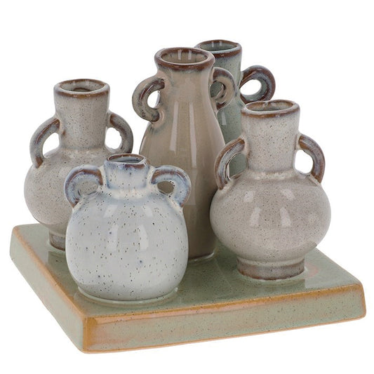 Petite Pottery 5 mini urn shaped stem vases on a square base
