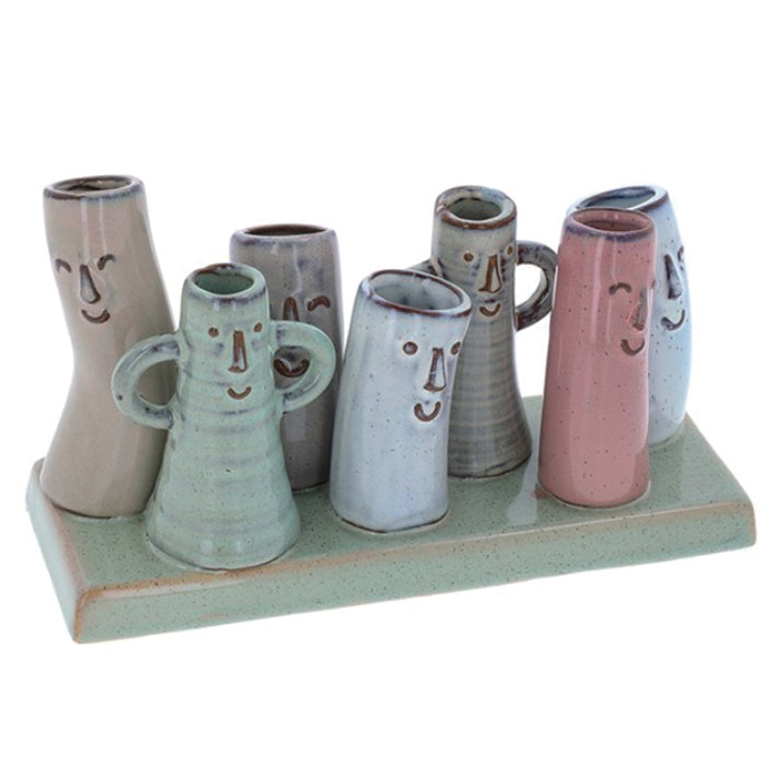 Petite Pottery 7 mini stem vases  with faces on a base