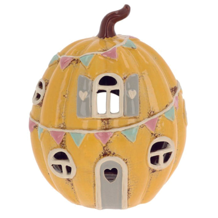 Village Pottery Yellow Pumpkin House with Bunting Tealight Holder