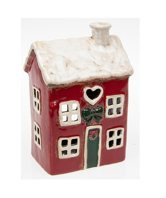 Village Pottery Red House Tealight Holder with Heart and Christmas Bow