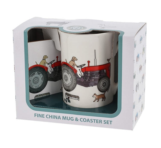 Red tractor mug and coaster set