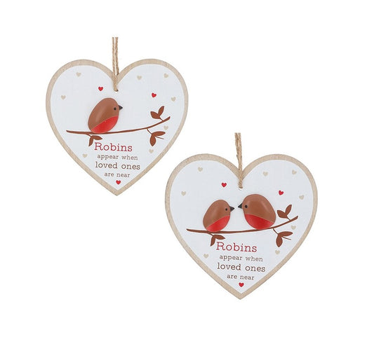 Wooden Hanging Heart - Robins Appear When Loved Ones Are Near