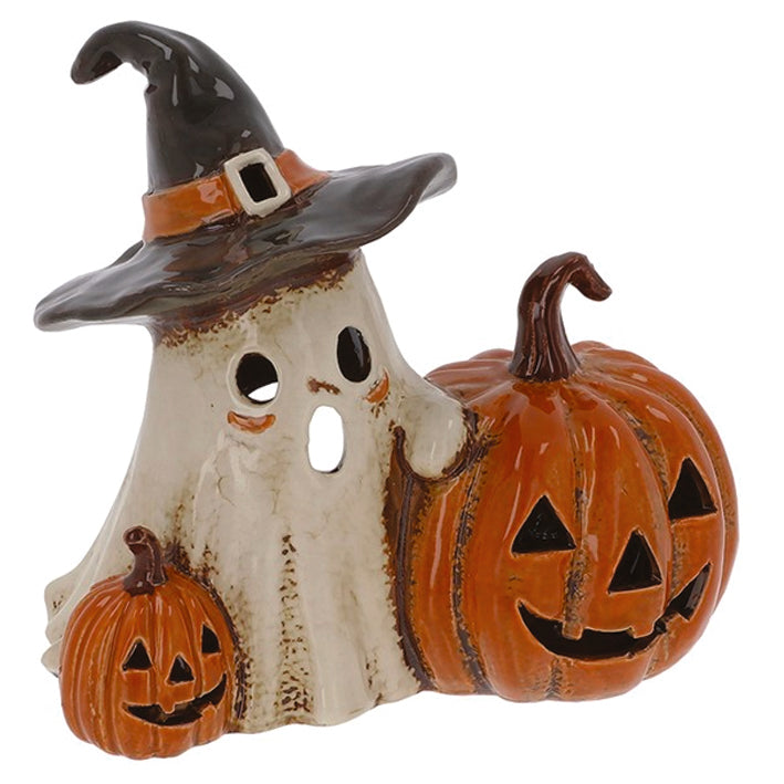 Village Pottery Ghost and Pumpkins Tealight Holder
