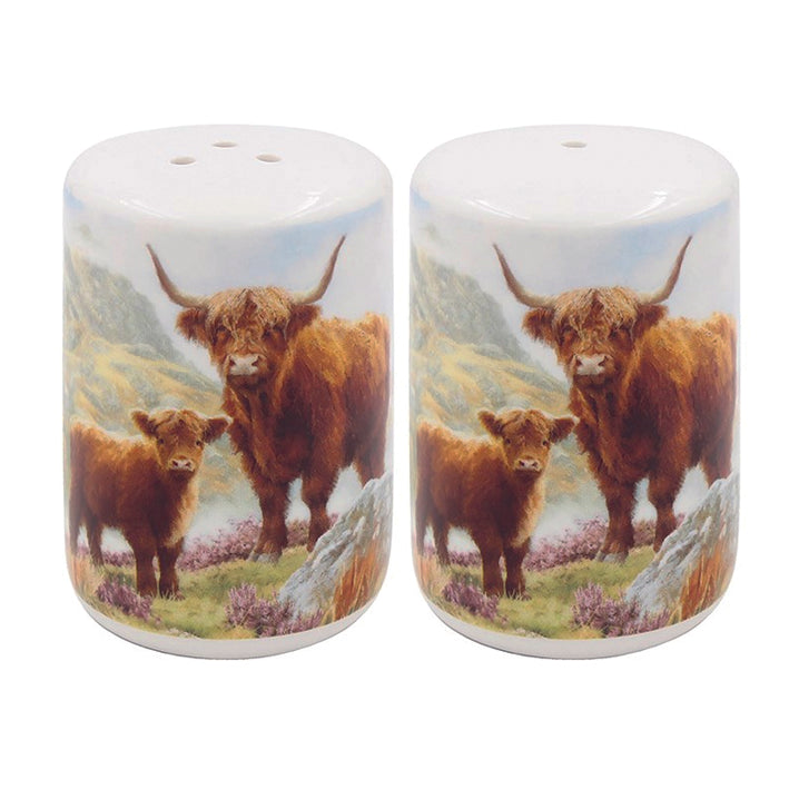 Ceramic Salt and Pepper Set with Highland Cow and Calf Print