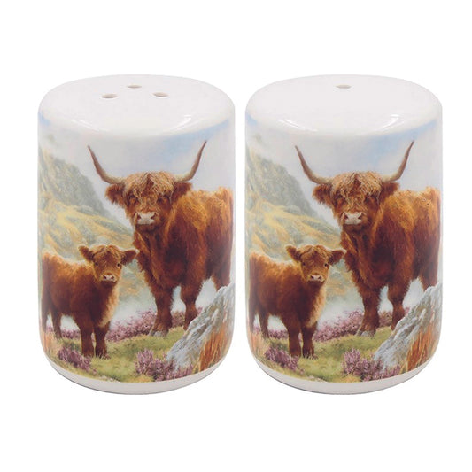Ceramic Salt and Pepper Set with Highland Cow and Calf Print