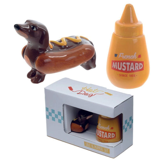 Ceramic Dachshund dressed as a hot dog with mustard pot Salt and Pepper Set