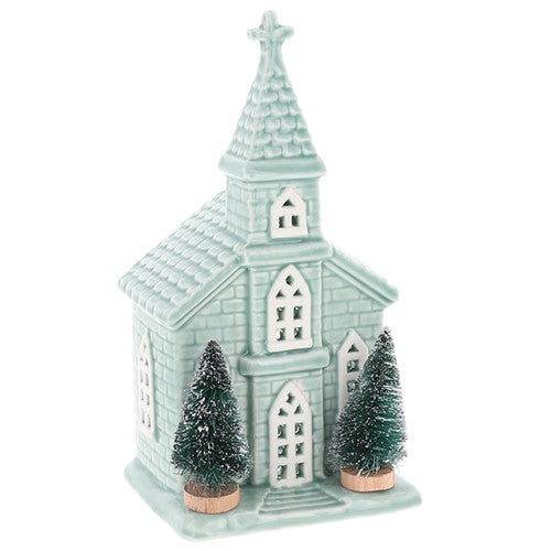 Festive Sage Small Church Tealight Holder