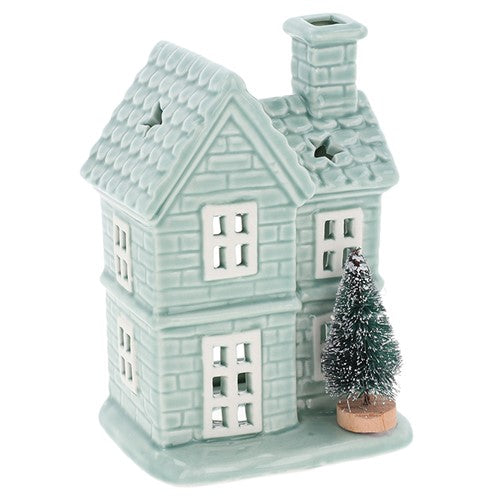 Festive Sage Small House Tealight Holder