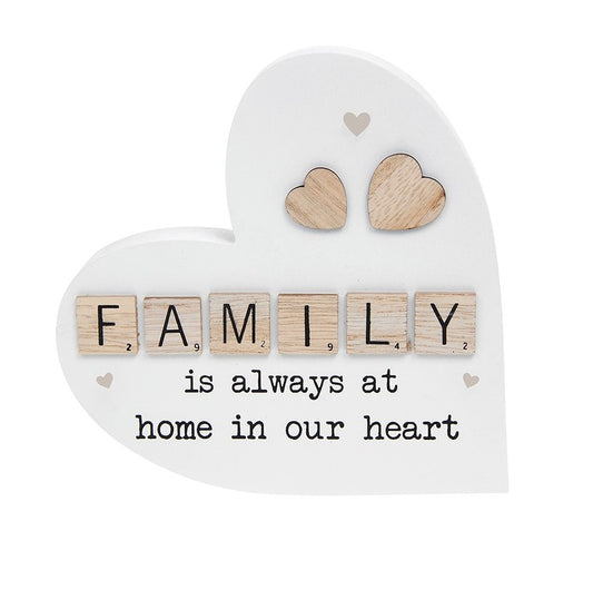 Scrabble Sentiments Wooden Standing Heart. FAMILY, is always at home in our heart
