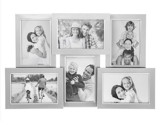 Photo frame.  Silver overlap collage holds 6 pictures
