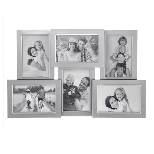 Photo frame.  Silver overlap collage holds 6 pictures