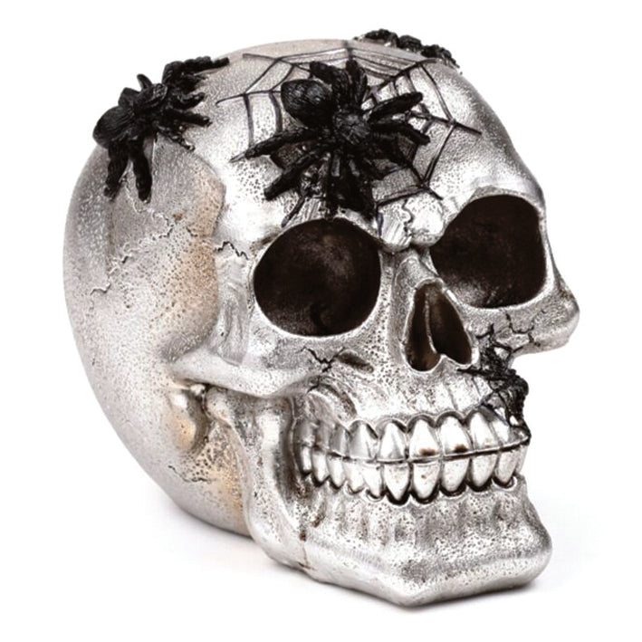 Silver Skull With Black Spiders And Webs Ornament