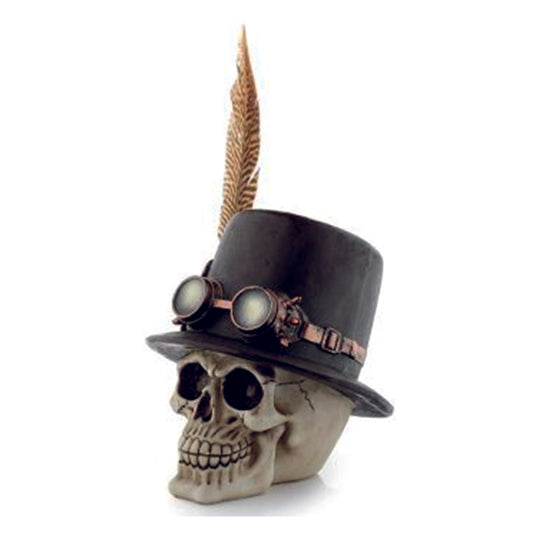 Steampunk style skull with top hat and feather ornament