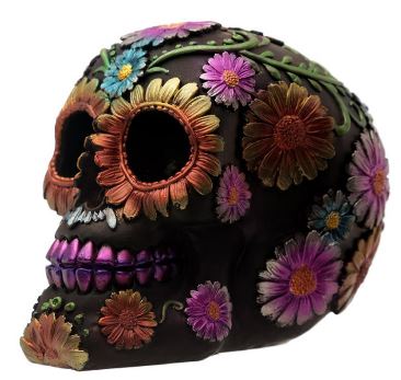 Metallic Day of the Dead Daisy and Flower Decorated Skull Ornament