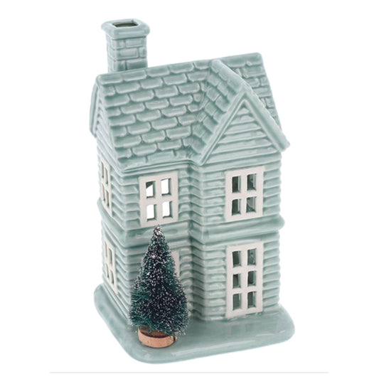 Festive Sage Small House Tealight Holder