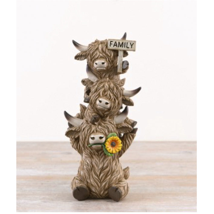 Trio of Stacked Highland Cows with Family Sign and Sunflower