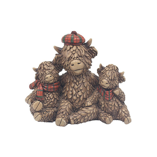 Happy Highland Cows with a tartan hat and scarf