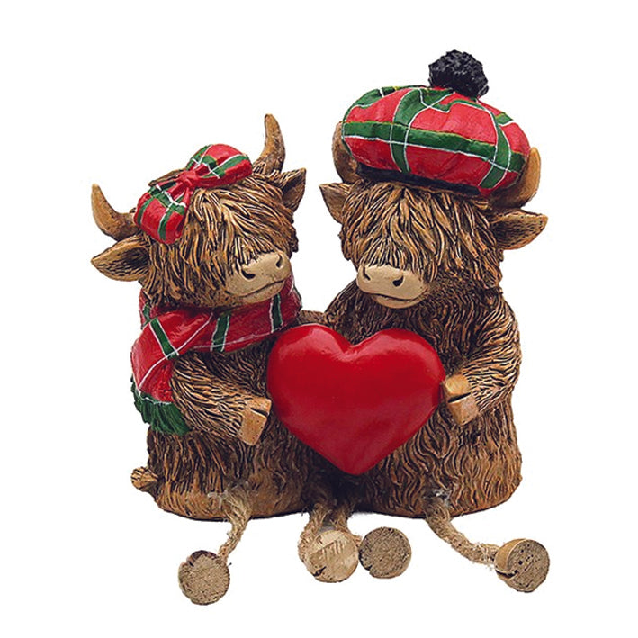 Highland Cow Ornament, Couple in Tartan Hats Holding a Red Heart
