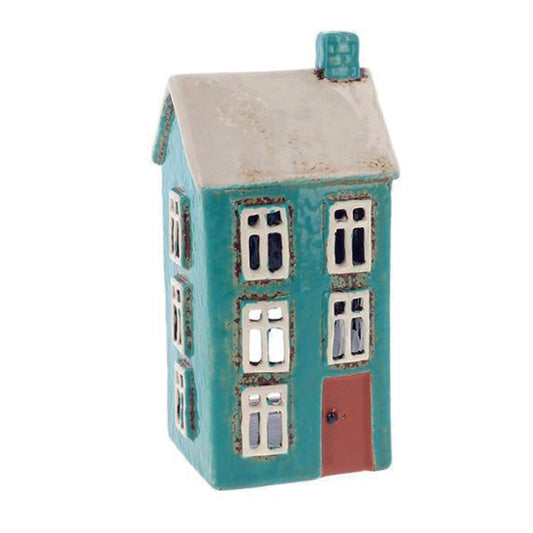 Village Pottery Teal Tall House Tealight Holder