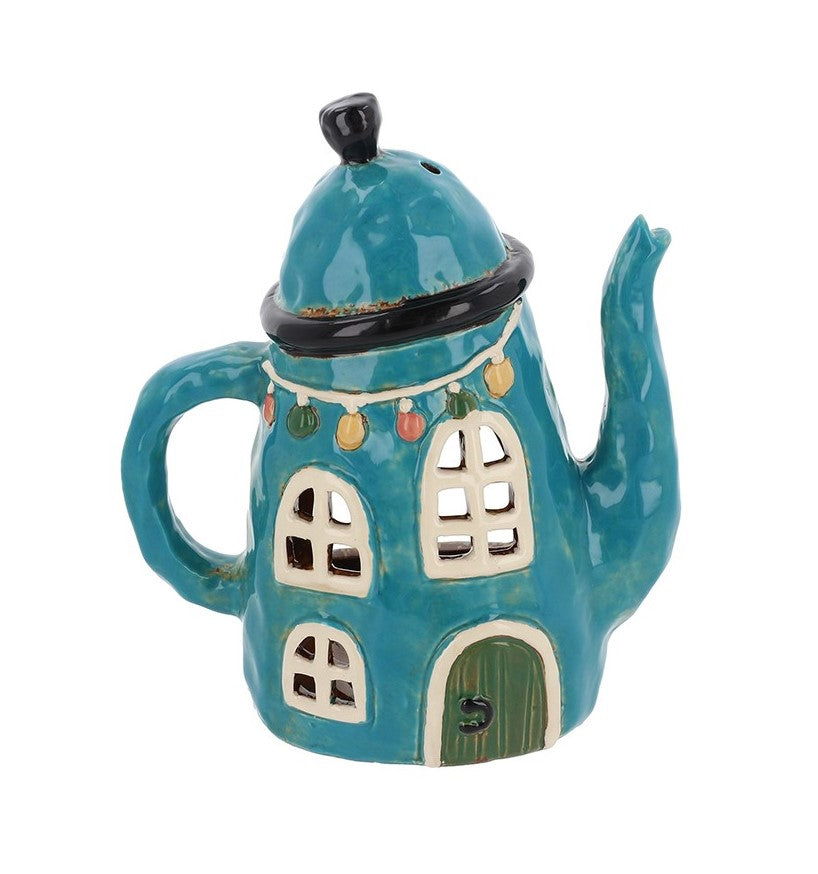 Village Pottery Blue Teapot House Tealight Holder