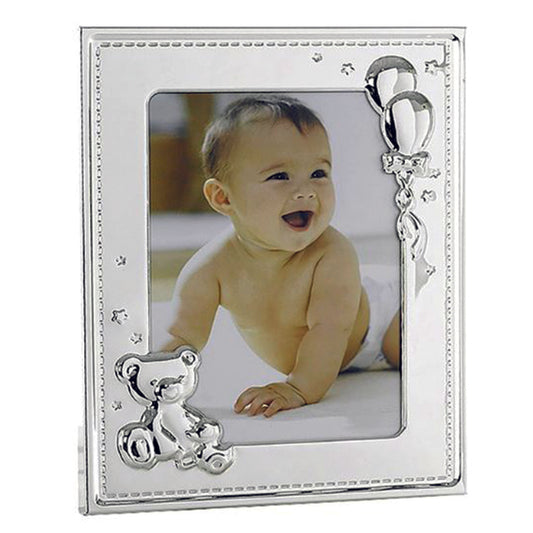 Baby Photo Frame. Silver teddy and balloons