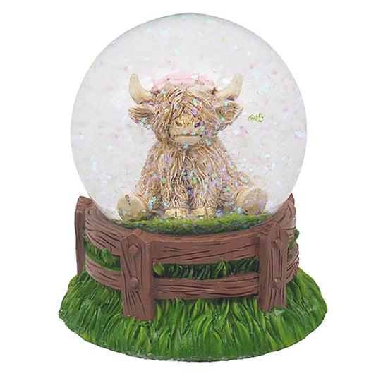 Waterball - Sitting Highland Cow with Pink Garland in a Water Globe with Coloured Glitter