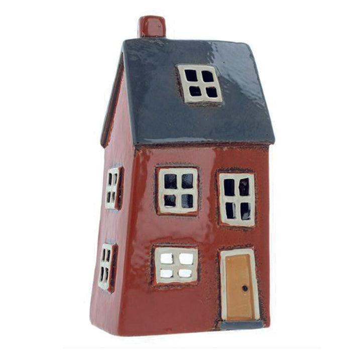 Village Pottery Wonky Tall House, red and blue, Tealight Holder