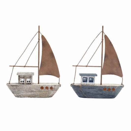 Wooden boat, rustic metal sails 17cm