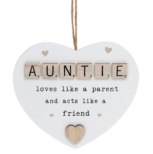 Scrabble Sentiments hanging heart.  AUNTIE, loves like a parent and acts like a friend