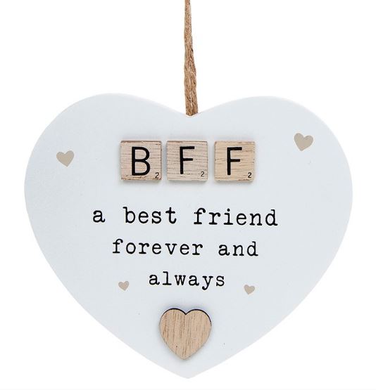 Scrabble Sentiments hanging heart.  BFF - a best friend forever and always