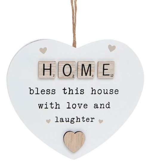 Scrabble Sentiments hanging heart.  HOME - bless this house with love and laughter