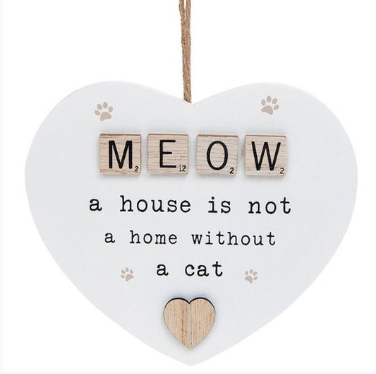 Scrabble Sentiments hanging heart.  MEOW - a house is not a home without a cat