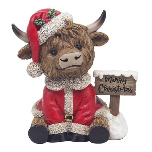 Christmas Highland Cow,  Holding A Merry Christmas Sign