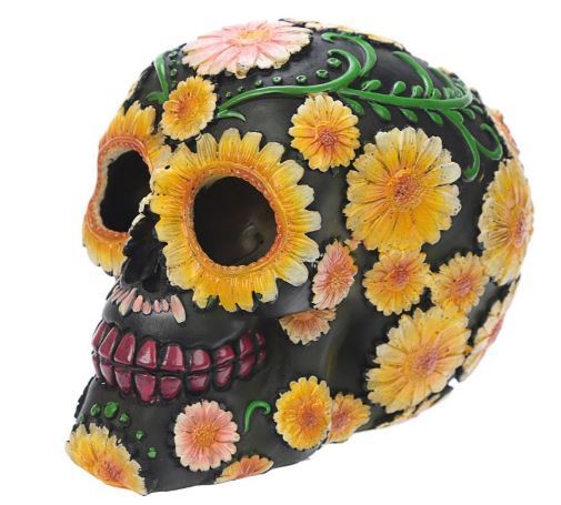 Metallic Day of the Dead Yellow Daisy and Flower Decorated Skull Ornament