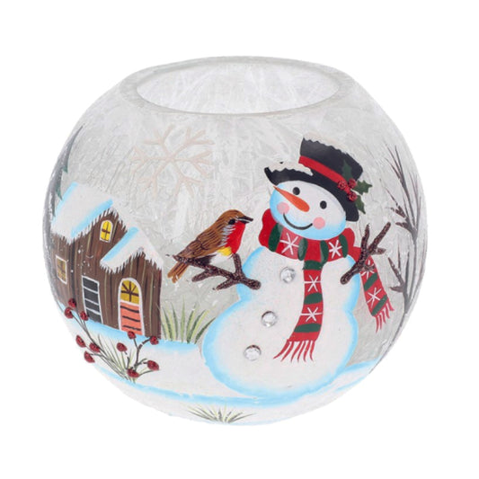 Christmas crackle glazed round glass candle holder decorated with a snowman. Large