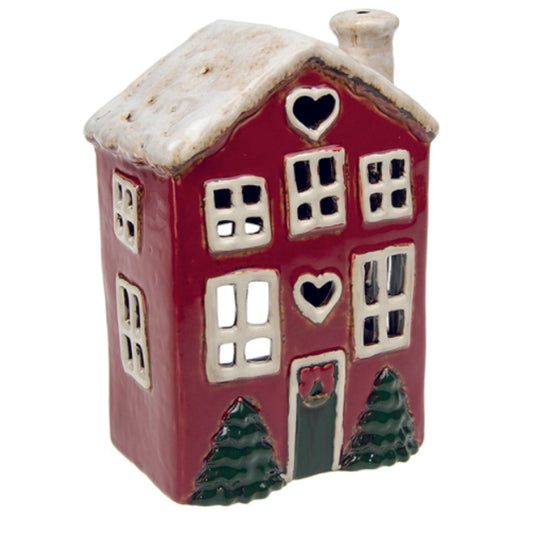 Village Pottery Christmas Red House with two trees and two hearts Tealight Holder